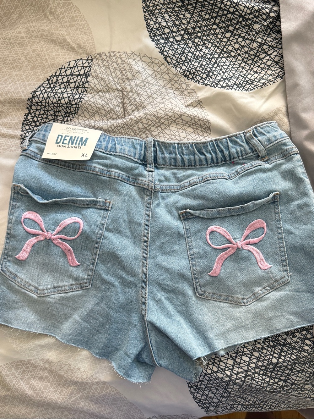 Light Blue Denim Jean Shorts with Pink Bow Embroidery